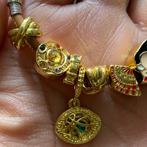 Pandora Tan Leather Slide Bracelet w/ Doctor Strange Theme Charms One Size EUC - Picture 8 of 13